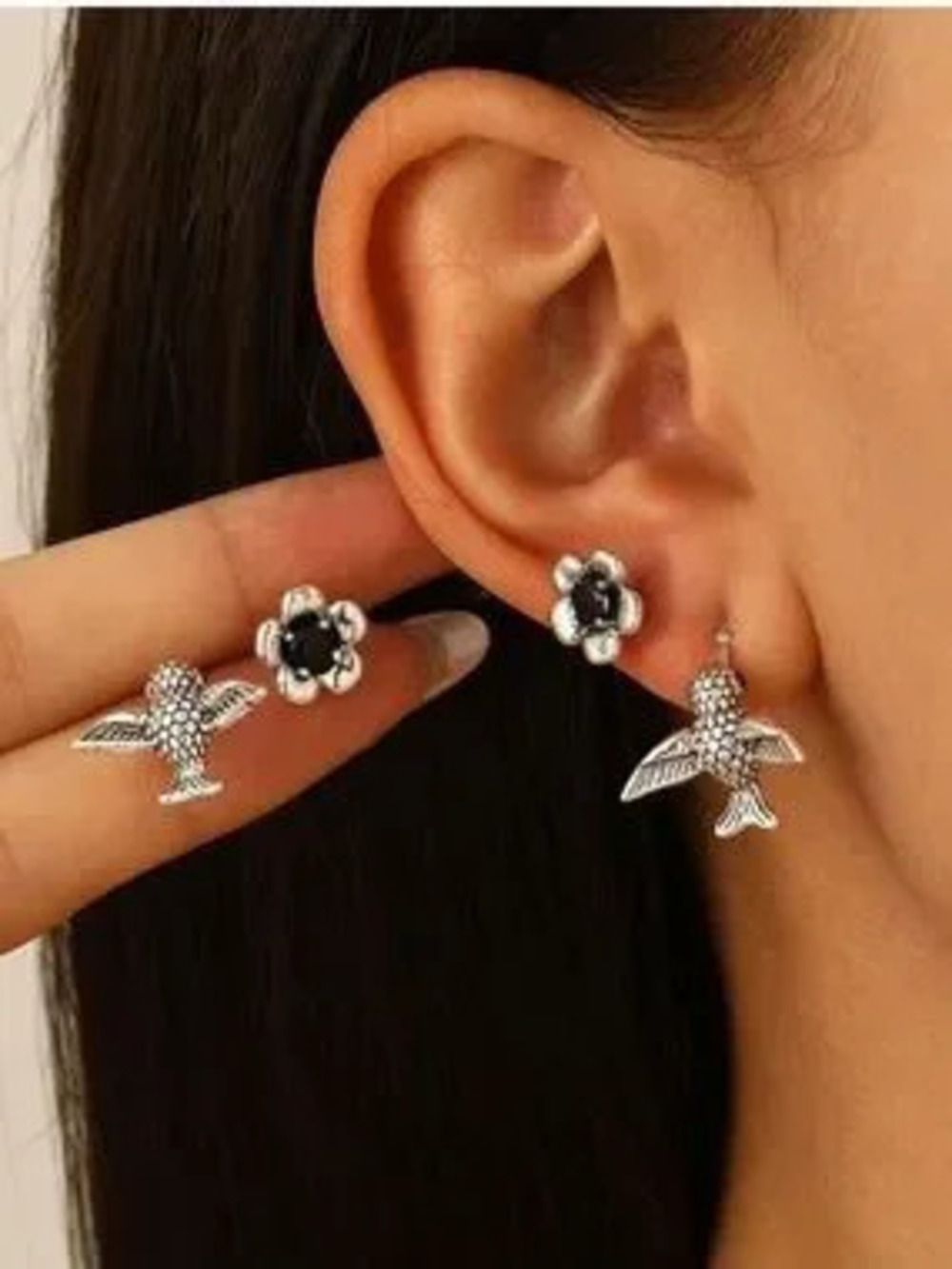 Midnight Bloom & Sparrow Earrings | Black Onyx Flower Bird Stud Earrings